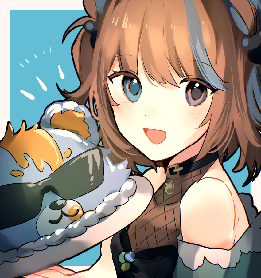 1girl, :d, amai_direct, animal_ears, ayacho_mato, bare_shoulders, bear_ears, bear_girl
