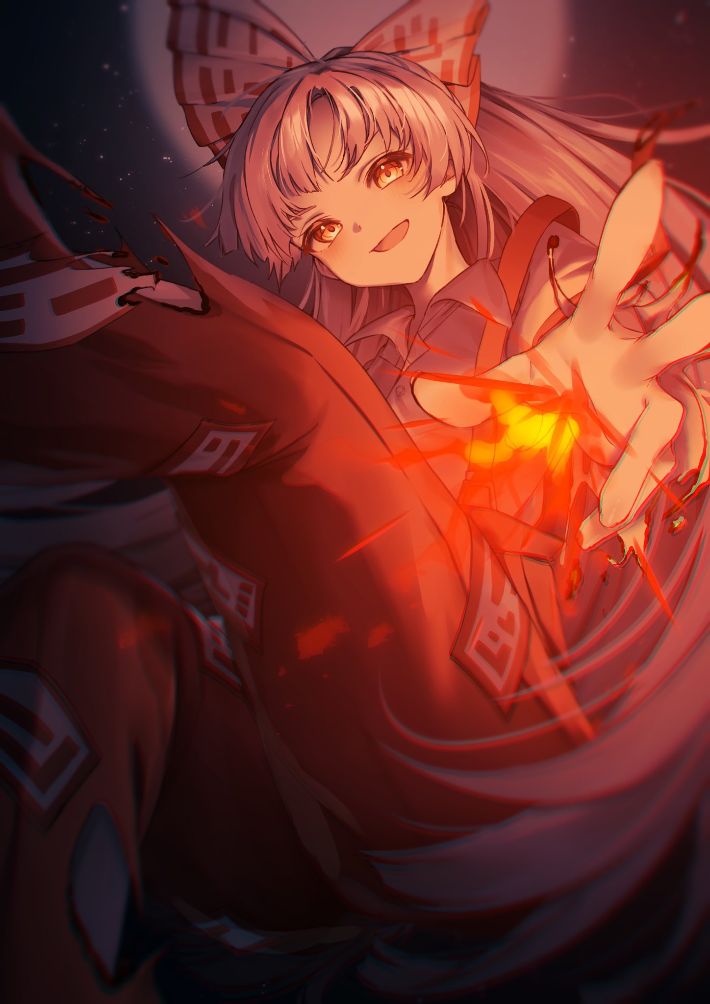 1girl, baggy_pants, bow, buttons, collared_shirt, feet_out_of_frame, fire, from_below