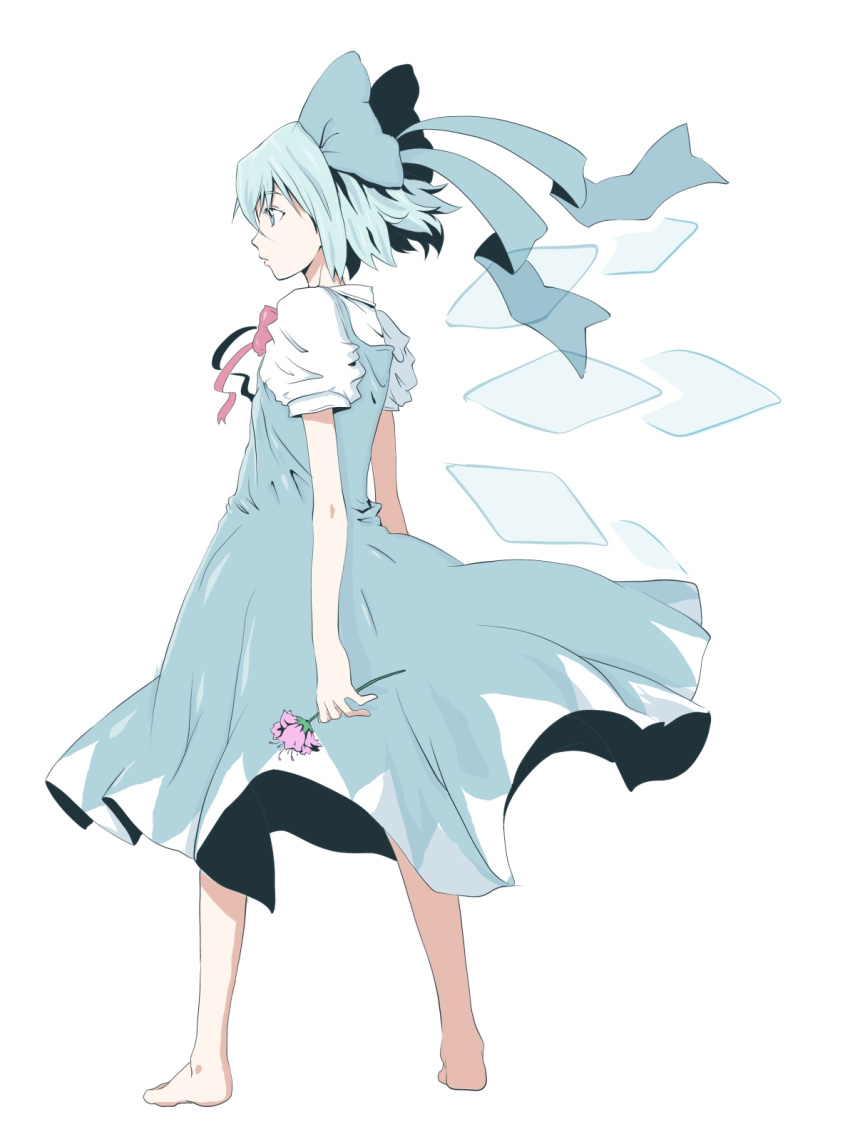 barefoot, blue_eyes, blue_hair, cirno, flower, hands, highres, nekotama_(pixiv34129)