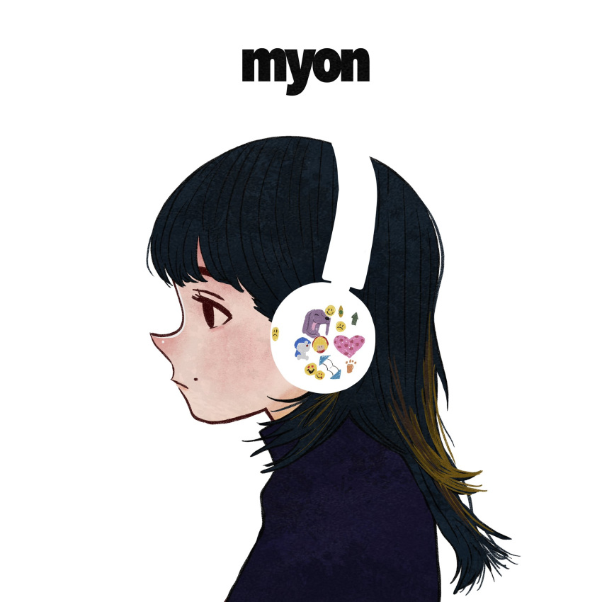 1girl, black_hair, black_shirt, blending, brown_hair, dog, headphones, highres