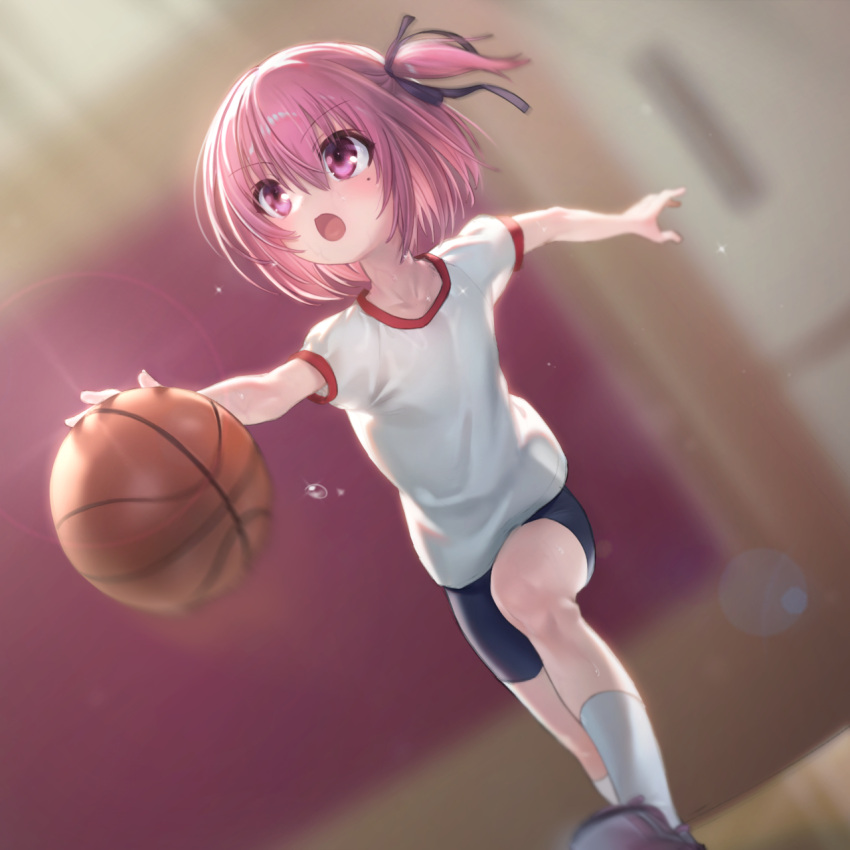 1girl, adashi_makoto, arms_up, ball, basketball, basketball_(object), bike_shorts, black_shorts