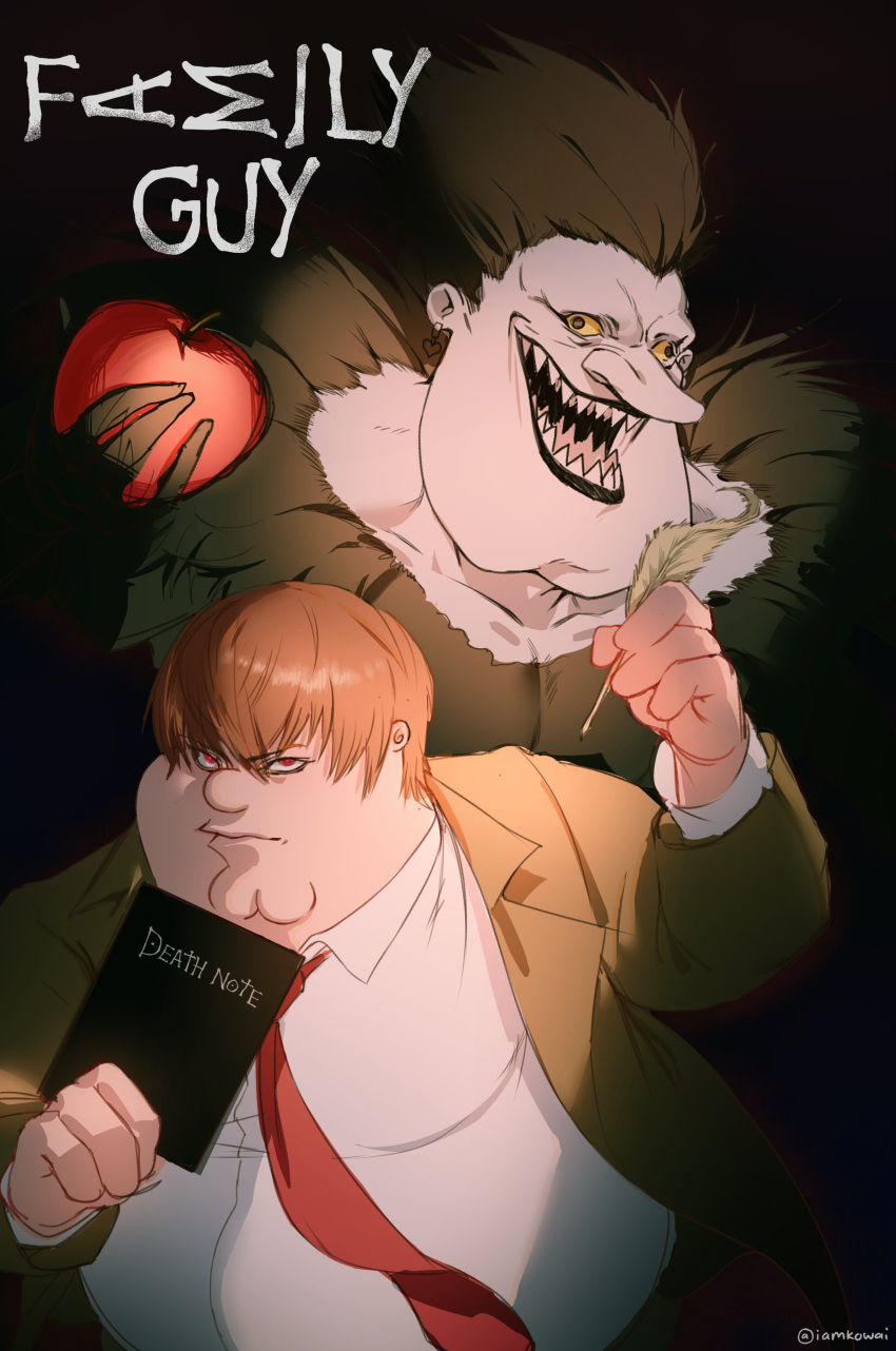 2boys, absurdres, apple, black_hair, black_lips, blazer, brown_hair, brown_jacket
