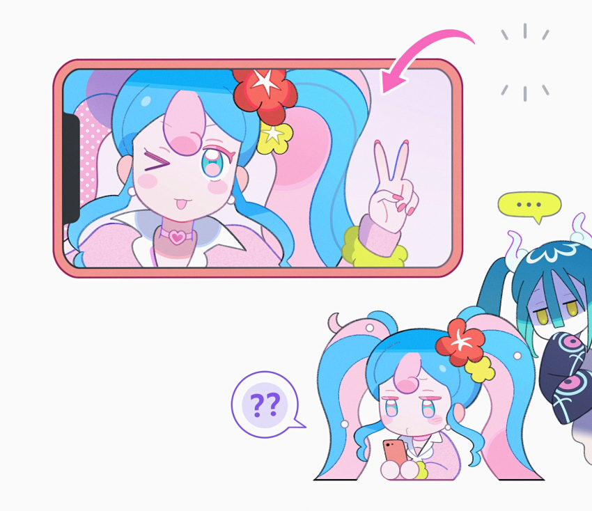 ..., 2girls, ?, aqua_eyes, blue_hair, cellphone, chibi, chibi_inset, choker, collared_sweater, detached_sleeves, dot_mouth, expressionless, fairy_miku_(project_voltage), fake_phone_screenshot, fake_screenshot, flower, ghost_miku_(project_voltage), glitch, hair_flower, hair_ornament, half-closed_eyes, hatsune_miku, heart, heart_choker, highres, klarogiraffe, multiple_girls, neckerchief, official_alternate_costume, official_alternate_hairstyle, one_eye_closed, phone, pink_hair, pink_nails, pink_sweater, pokemon, project_voltage, scrunchie, selfie, sleeves_past_wrists, smartphone, smile, sparkle, spoken_ellipsis, spoken_question_mark, sweater, twintails, v, vocaloid, white_background, white_neckerchief, wrist_scrunchie, yellow_eyes, yellow_scrunchie
