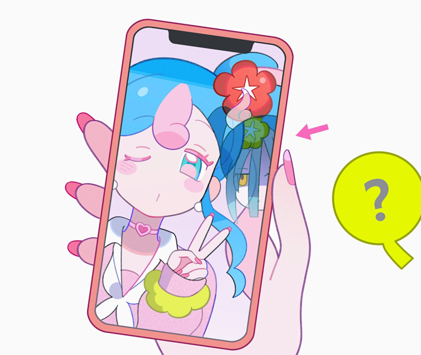 ..., 2girls, :d, ?, aqua_eyes, blue_hair, cellphone, choker