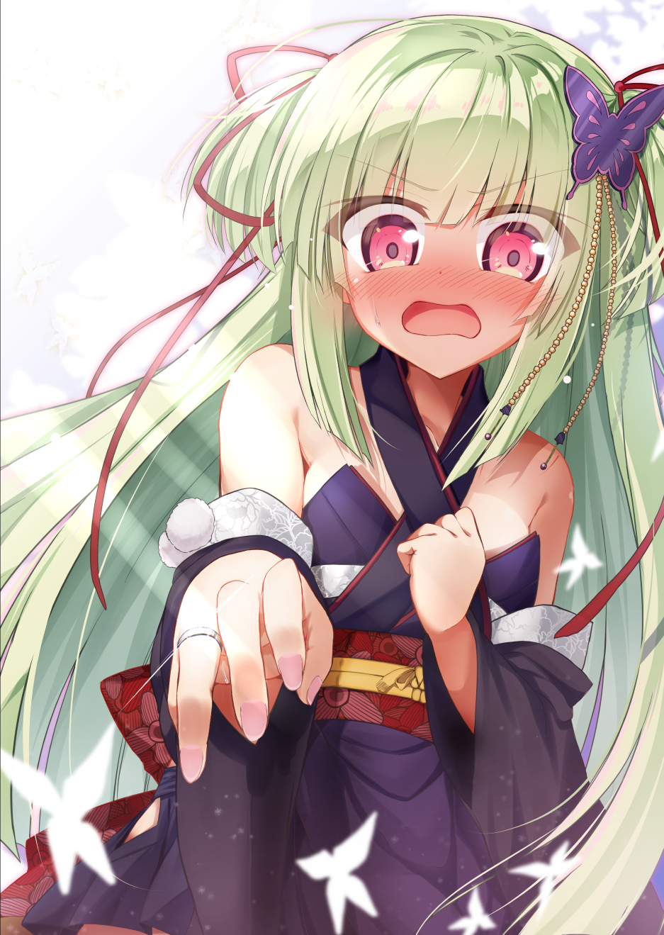 1girl, armpit_crease, bare_shoulders, black_kimono, blunt_bangs, blunt_ends, blush, breasts