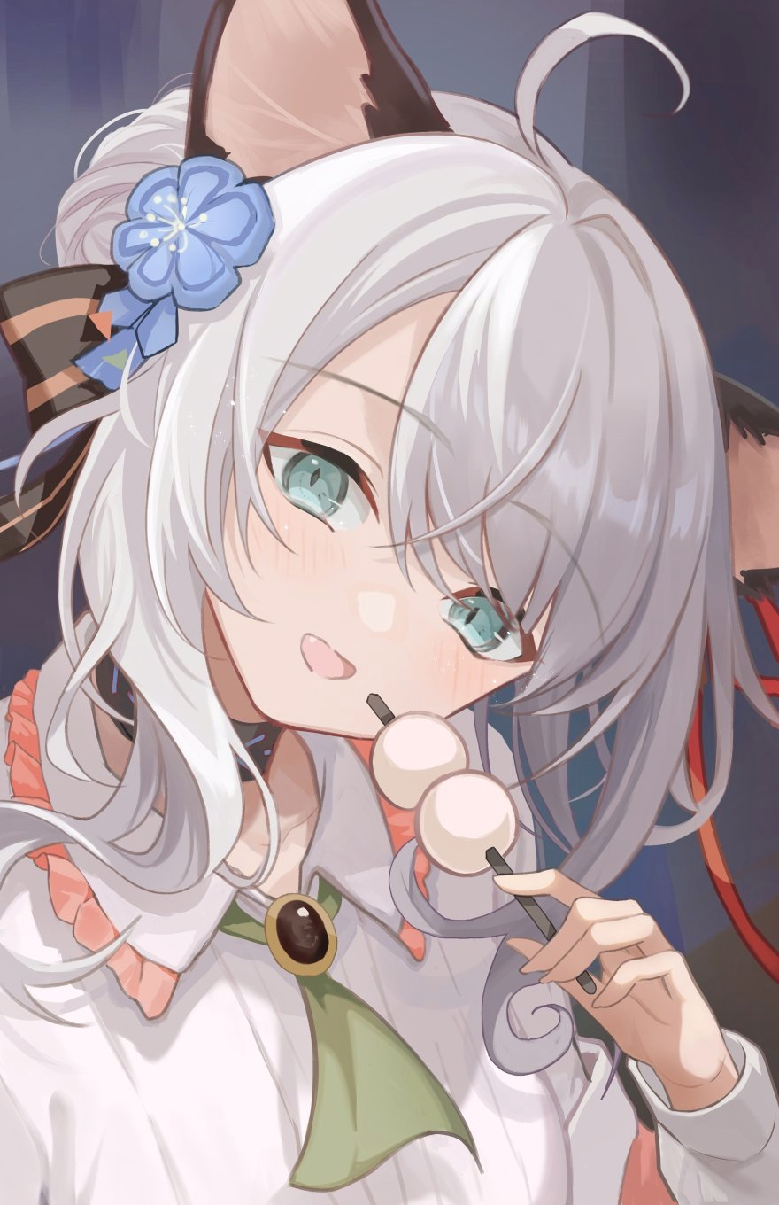 1girl, ahoge, animal_ears, arknights, ascot, blue_eyes, blush, brooch, cat_ears, cat_girl, collared_shirt, commentary, dango, flower, food, green_ascot, green_eyes, grey_background, hair_flower, hair_ornament, hair_up, head_tilt, highres, holding, holding_food, infection_monitor_(arknights), jewelry, long_sleeves, looking_at_viewer, mint_(arknights), mint_(tsukiyoi)_(arknights), open_mouth, shirt, sidelocks, simple_background, slit_pupils, solo, swept_bangs, touchika, wagashi, white_shirt