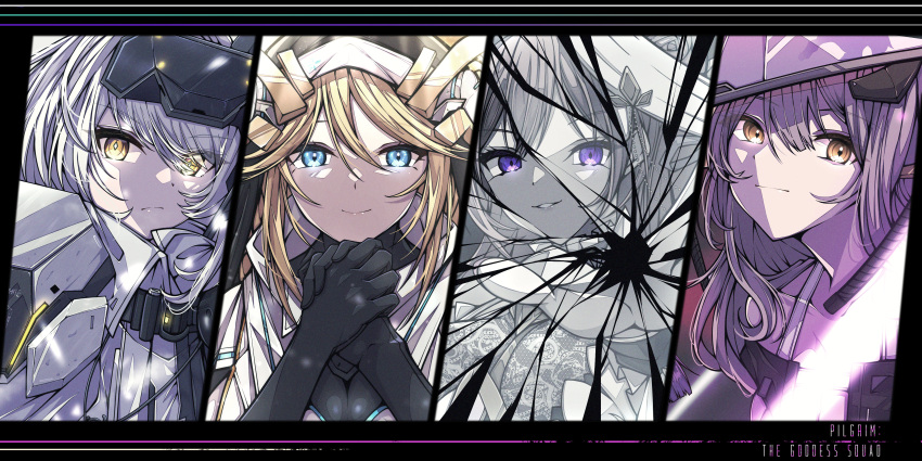4girls, absurdres, armor, armored_dress, black_gloves, blonde_hair, blue_eyes, broken_glass
