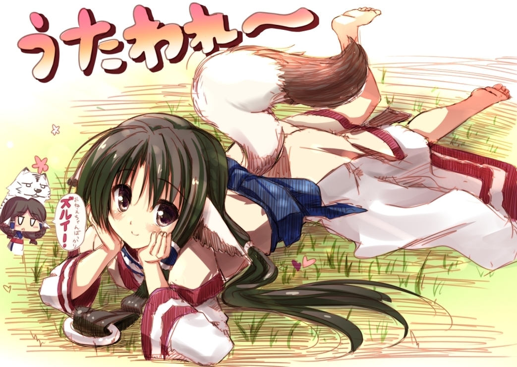 2girls, animal_ears, aruruw, barefoot, black_eyes, blue_sash, blush, chibi