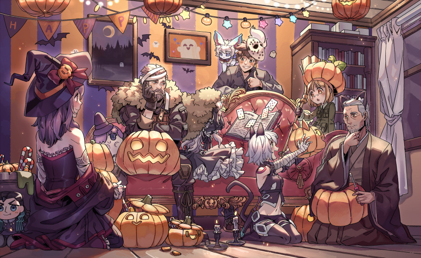 animal_ears, animal_on_shoulder, bandages, banner, beard, black_hair, blonde_hair, bookshelf
