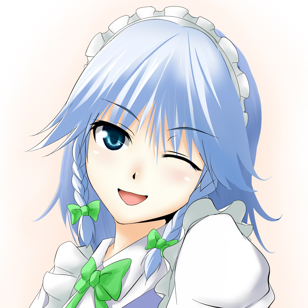 blue_eyes, braid, copycat_(dryfood), copycat_(homura), face, head_tilt, izayoi_sakuya, maid_headdress