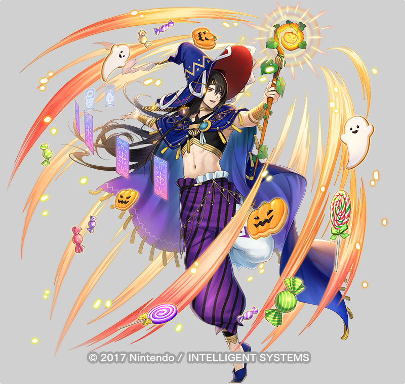 1boy, abs, black_hair, fire_emblem, fire_emblem_heroes, freestyle18, halloween, halloween_costume