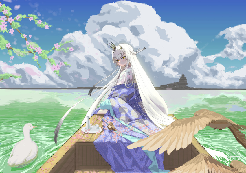 1girl, absurdres, animal, bananabeta, bird, blue_kimono, boat, cherry_blossoms