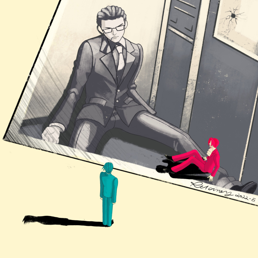 absurdres, ace_attorney, bleeding, blood, blood_from_mouth, bullet_hole, collared_shirt, commentary