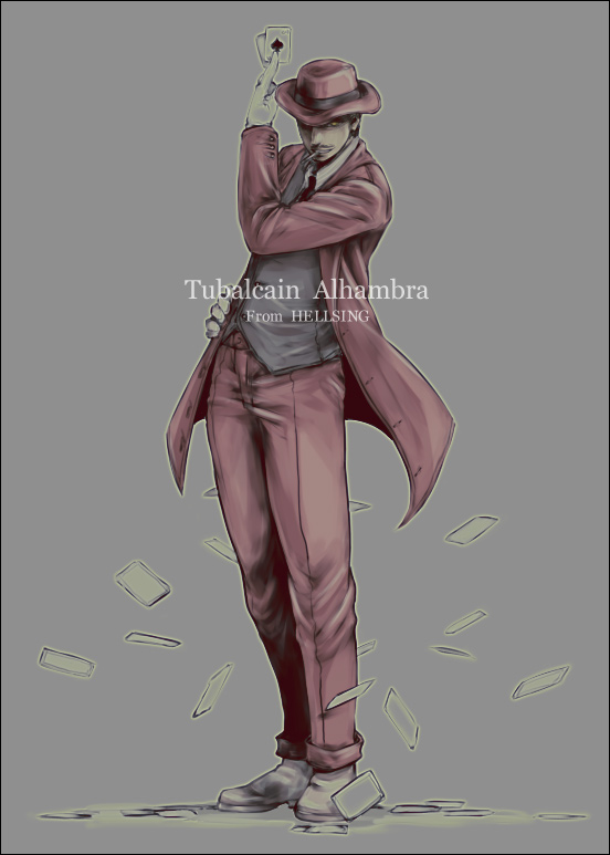 1boy, bad_id, card, cards, character_name, cigarette, falling_card, formal, hat, hellsing, holding, holding_card, jacket, kago1205, lying_card, male, necktie, open_coat, solo, tubalcain_alhambra, vest