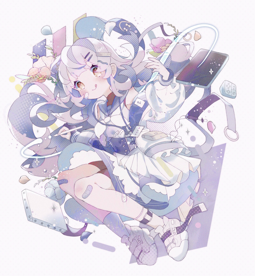 1girl, :q, ankle_belt, armpits, bandaid, bandaid_on_face, bandaid_on_leg, bare_shoulders