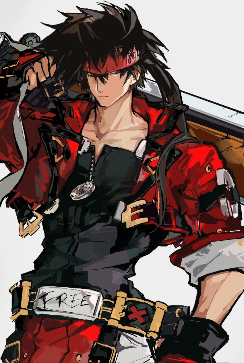 1boy, belt, brown_hair, collarbone, english_text, fighting_stance, found_modori, guilty_gear