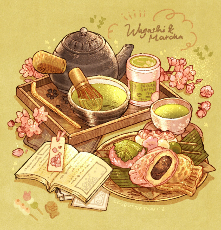 artist_name, book, bookmark, chasen, cherry_blossoms, commentary, cup, dango