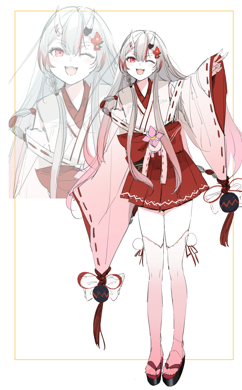1girl, :d, absurdres, flower, full_body, hair_flower, hair_ornament, hakama, hakama_short_skirt, hakama_skirt, highres, hololive, horns, japanese_clothes, long_hair, long_sleeves, multicolored_hair, nakiri_ayame, nakiri_ayame_(shrine_maiden), nontraditional_miko, ogura_tubuan, one_eye_closed, pink_thighhighs, red_eyes, redhead, ribbon-trimmed_sleeves, ribbon_trim, sketch, skirt, smile, solo, standing, streaked_hair, thigh-highs, virtual_youtuber, white_background, white_hair, wide_sleeves, zettai_ryouiki, zoom_layer