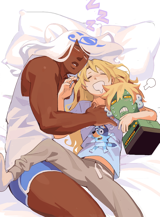 3boys, =3, arm_around_neck, blonde_hair, blue_shirt, blue_shorts, bluey, bluey_(bluey)