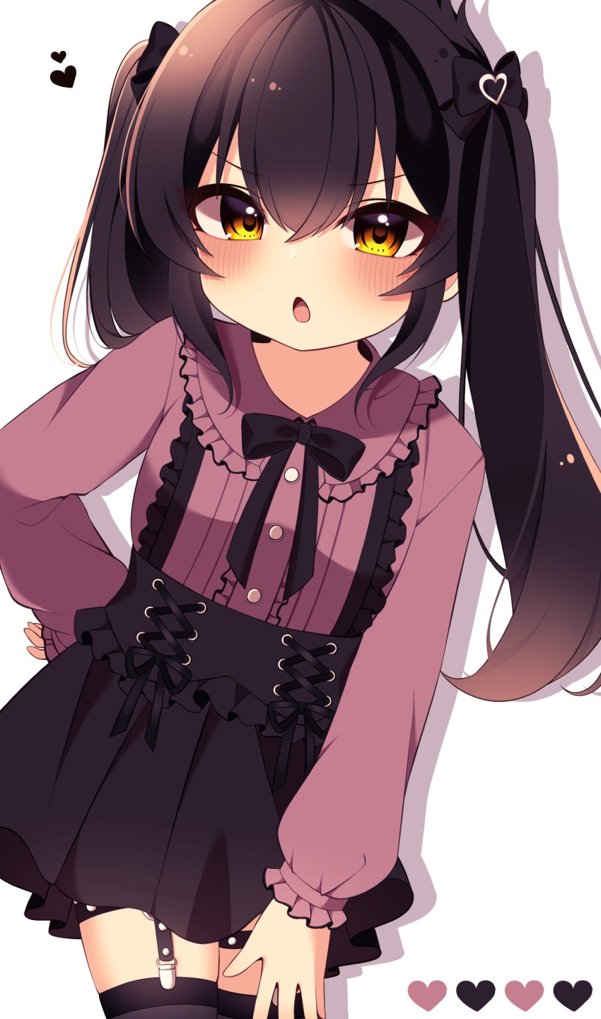 1girl, absurdres, black_bow, black_bowtie, black_hair, black_skirt, black_thighhighs, blush