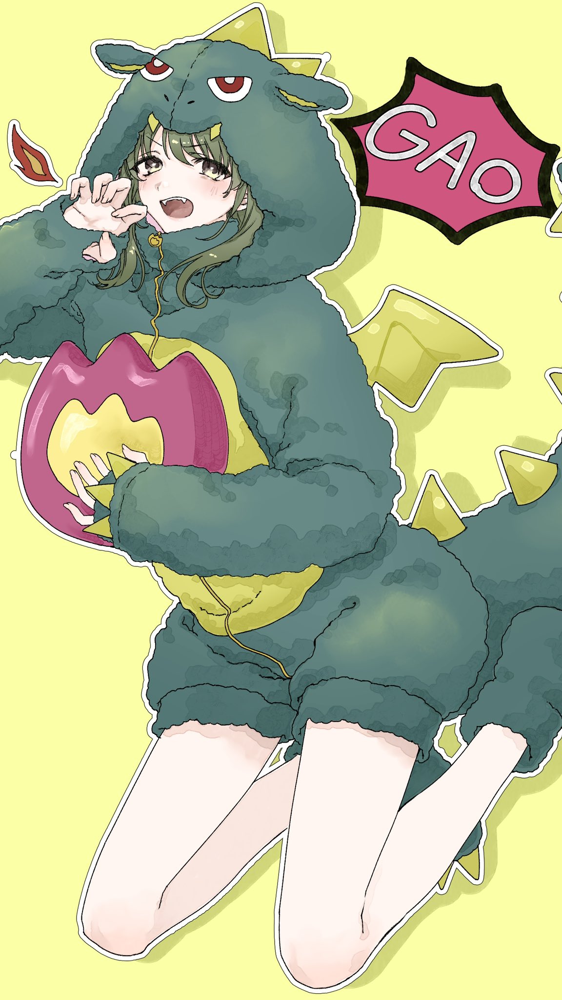 1girl, bare_legs, dinosaur_costume, fangs, gao, green_eyes, green_hair, highres