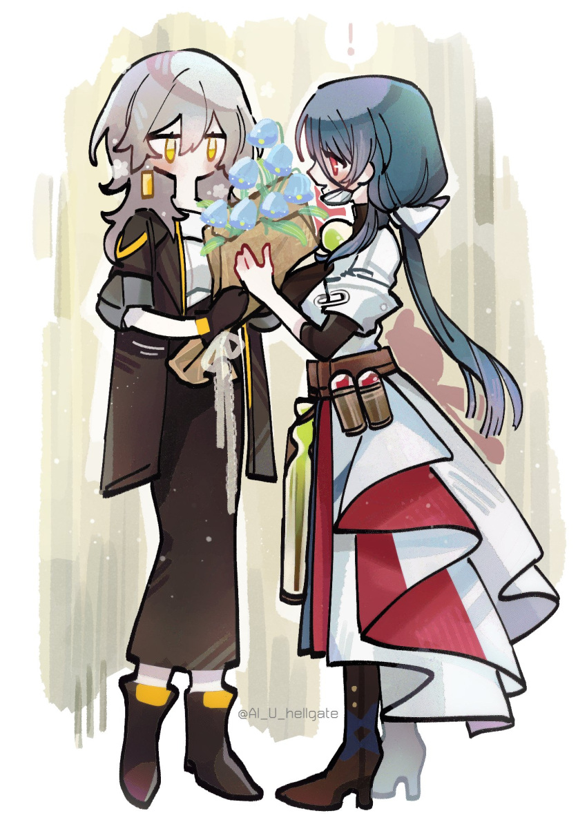 2girls, belt, black_footwear, black_skirt, blue_hair, boots, bouquet, bow