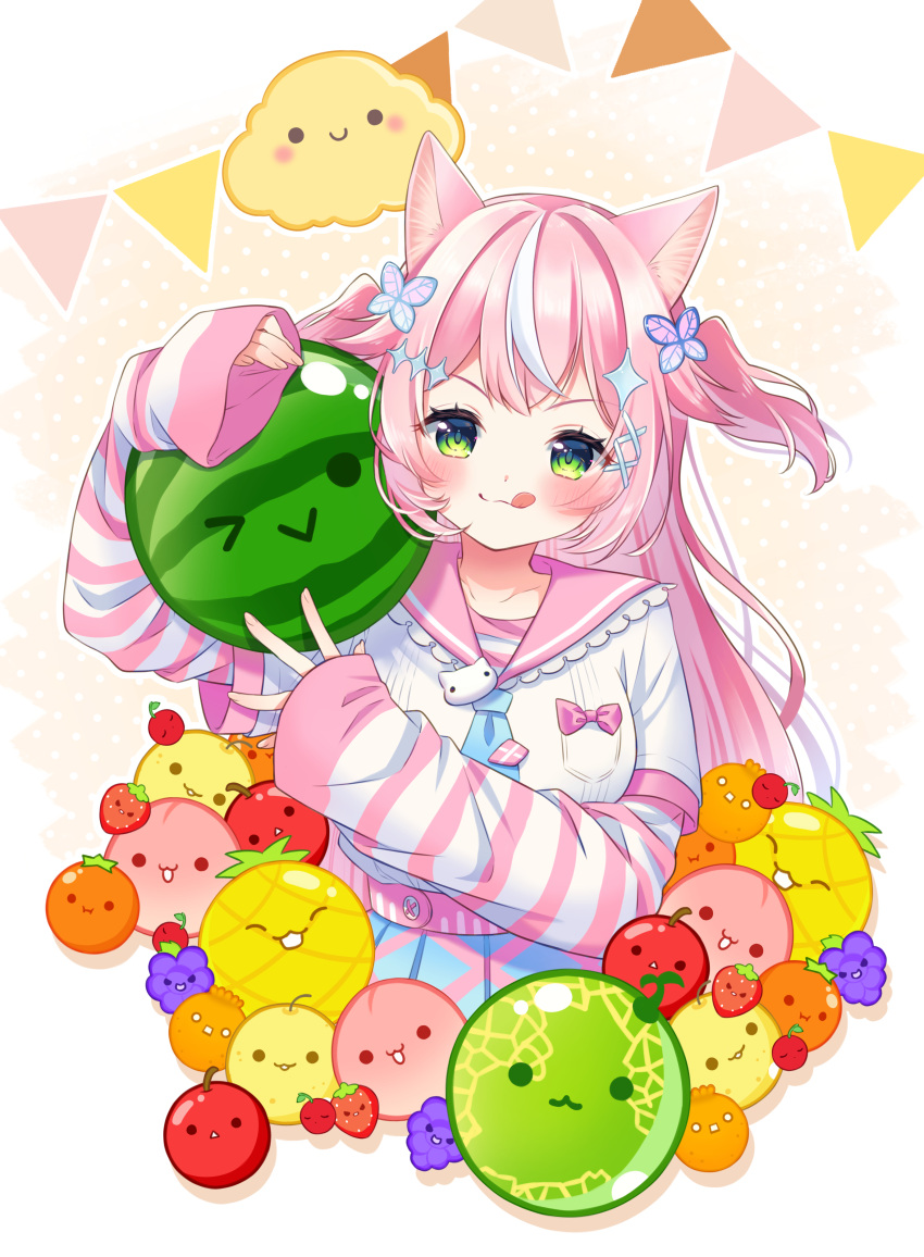 1girl, :q, absurdres, blue_necktie, blue_skirt, frilled_sailor_collar, frills, green_eyes, hair_ornament, highres, long_hair, multicolored_hair, necktie, nijisanji, nijisanji_kr, pink_hair, pink_sailor_collar, sailor_collar, skirt, sleeves_past_wrists, solo, streaked_hair, suika_game, tomohishi_(22), tongue, tongue_out, two_side_up, virtual_youtuber, white_hair, x_hair_ornament, yang_nari