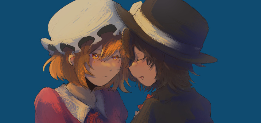 2girls, black_headwear, black_shirt, blonde_hair, blue_background, brown_hair, closed_eyes, closed_mouth, facing_another, from_behind, hair_between_eyes, hat, hat_ribbon, looking_at_another, maribel_hearn, minamia23, mob_cap, multiple_girls, neck_ribbon, open_mouth, red_ribbon, ribbon, shirt, short_hair, simple_background, touhou, upper_body, usami_renko, white_headwear, white_ribbon, yellow_eyes