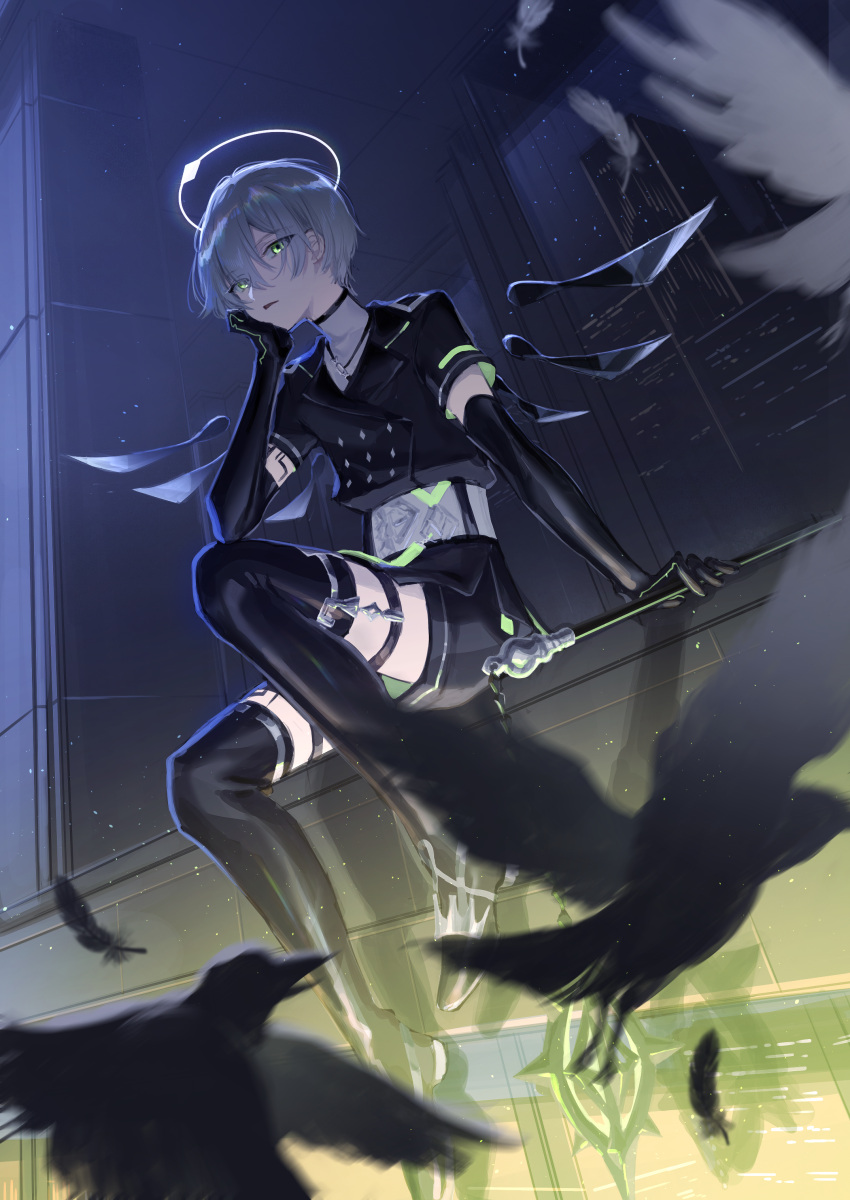 1boy, absurdres, arene_(arknights), arknights, arm_support, bird, black_gloves, black_jacket