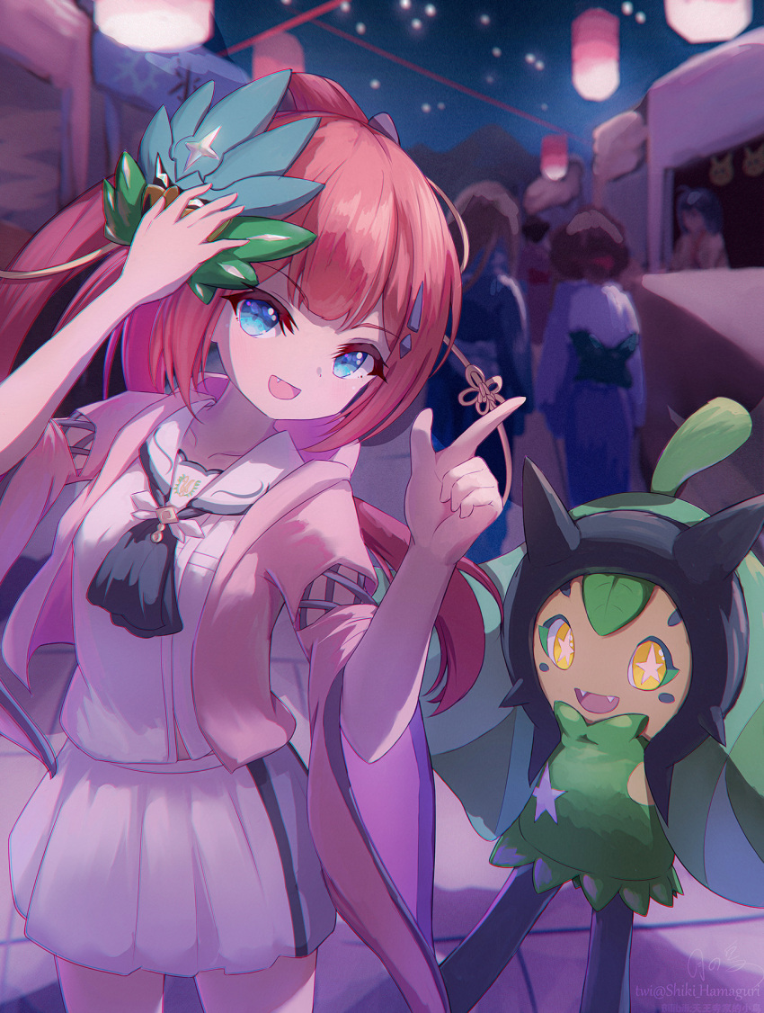 1girl, :d, ascot, black_ascot, blue_eyes, blunt_bangs, blurry, blurry_background