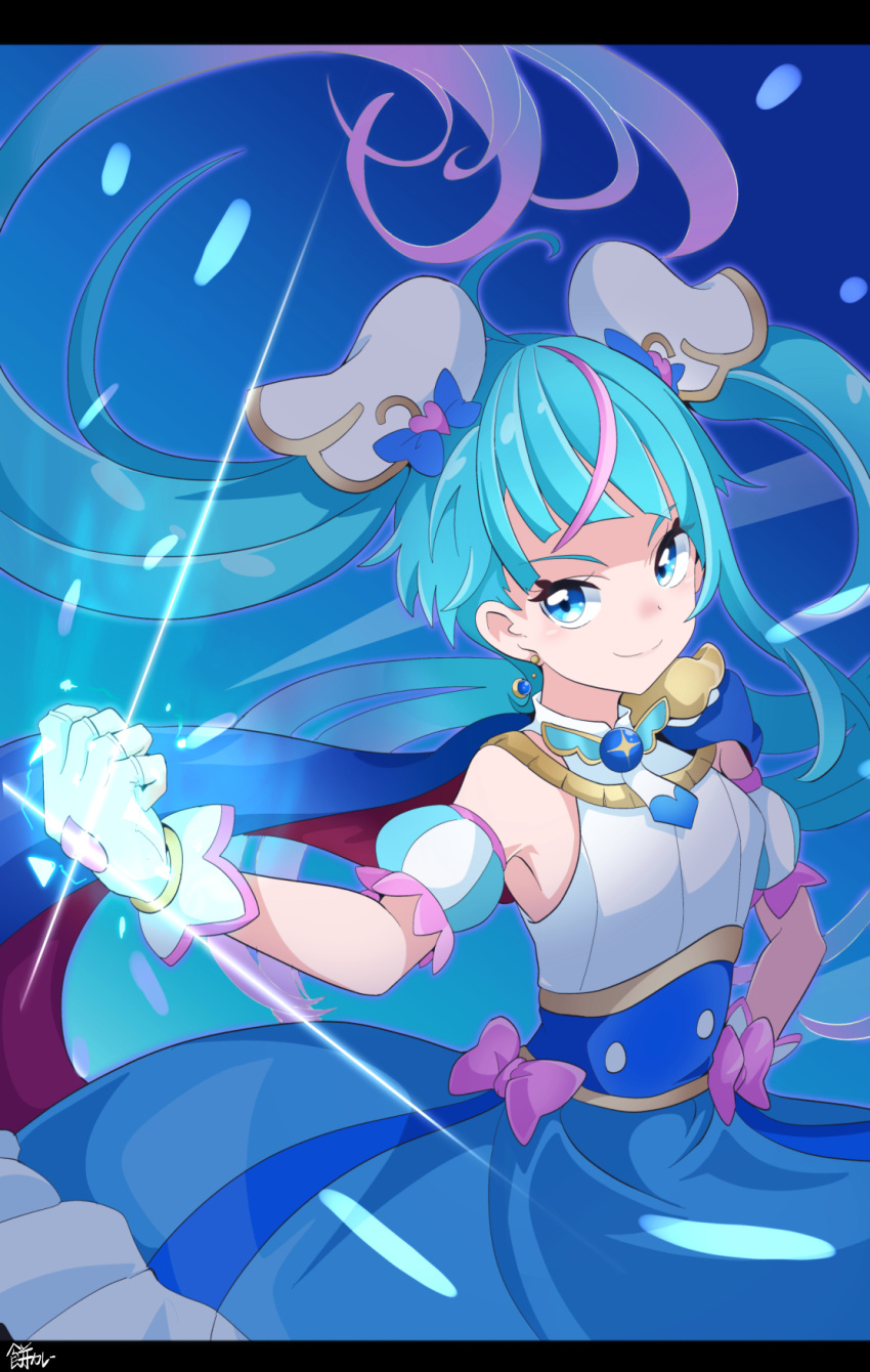 1girl, artist_name, blue_cape, blue_eyes, blue_hair, bow, brooch, cape