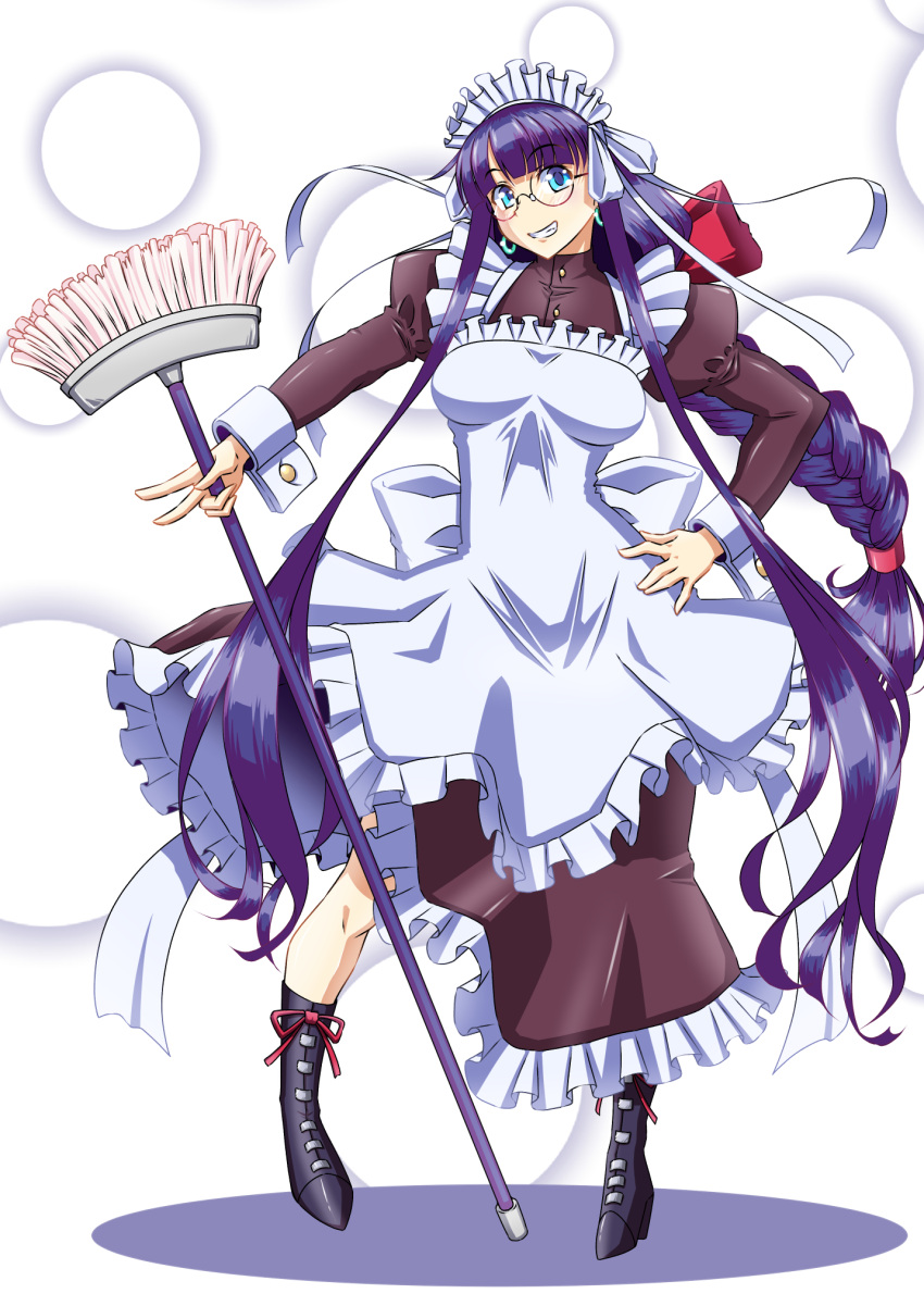 1girl, alternate_costume, alternate_hairstyle, apron, bespectacled, blue_eyes, blunt_bangs, boots
