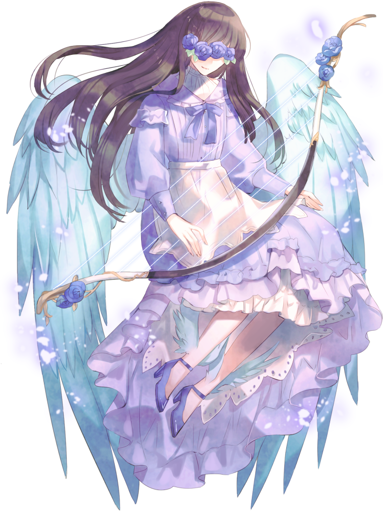 1girl, angel_wings, blindfold, bow_(weapon), brown_hair, chain_paradox, dress, feathered_wings, full_body, high_heels, long_sleeves, purple_dress, solo, togenatsu, weapon, wings