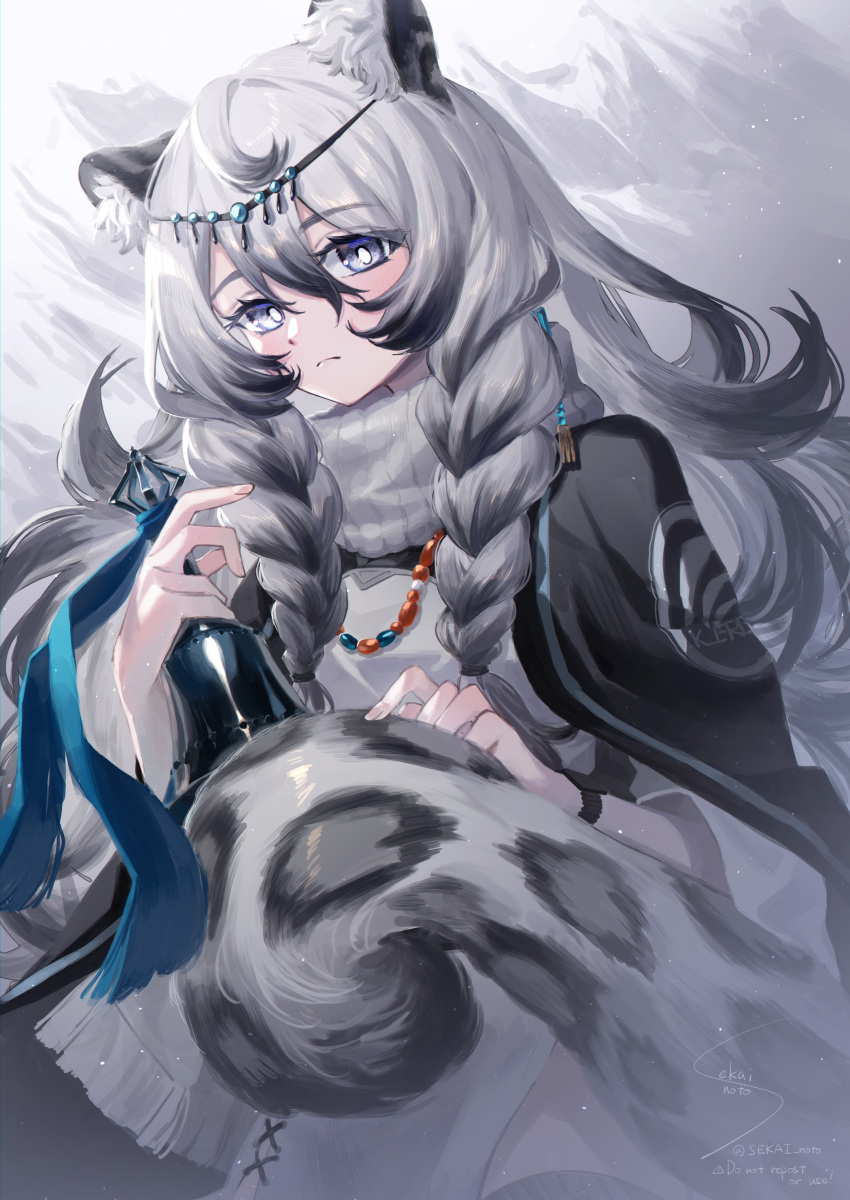 1girl, absurdres, animal_ear_fluff, animal_ears, arknights, bell, black_hair, black_jacket