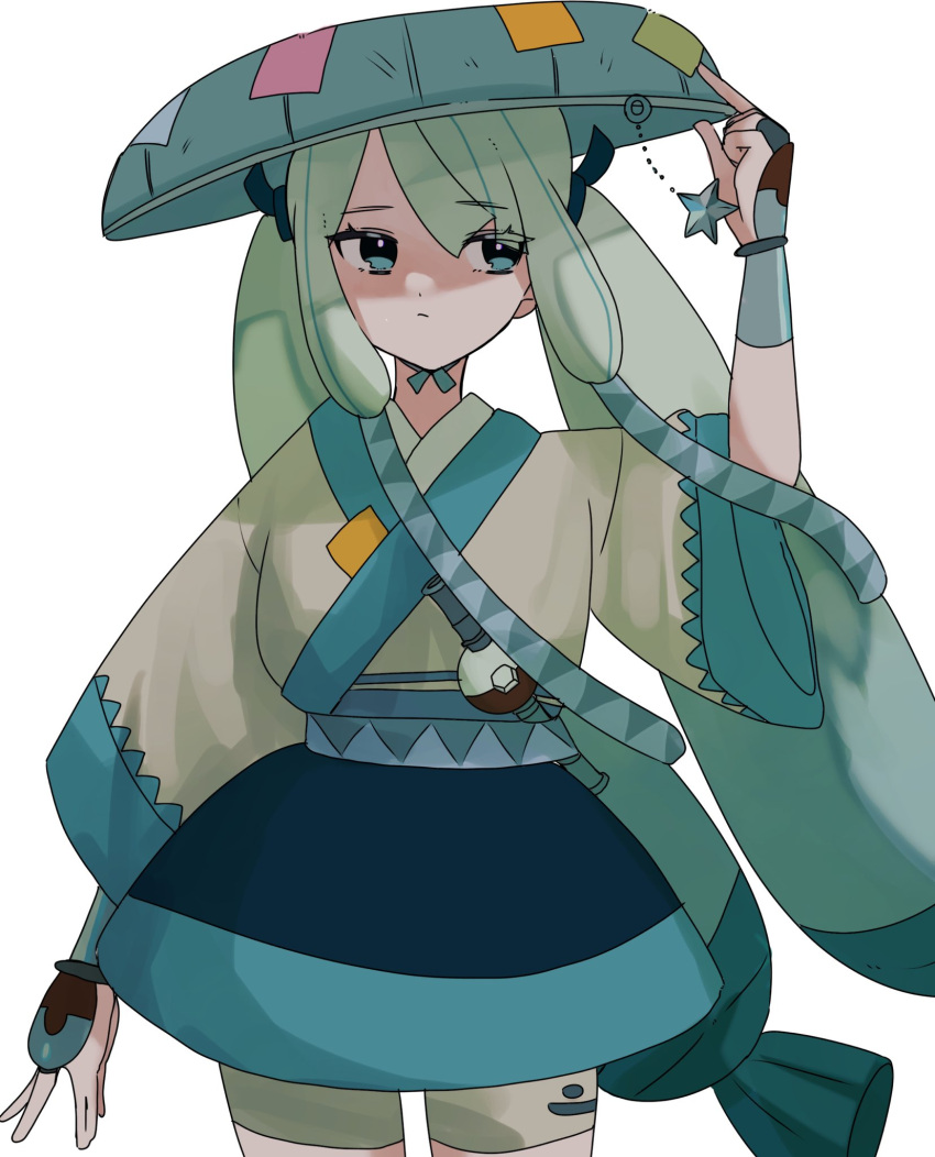 1girl, adjusting_clothes, adjusting_headwear, aqua_hair, arm_at_side, blue_eyes, blue_hair, blue_headwear