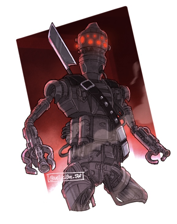 bandolier, bayonet, blade, cable, commentary_request, concept_art, energy_gun, extra_eyes, ig-88, machinery, mecha, no_humans, pincers, ray_gun, red_eyes, robot, science_fiction, signature, sketch, smoke, star_wars, upper_body, user_vngn7438, weapon
