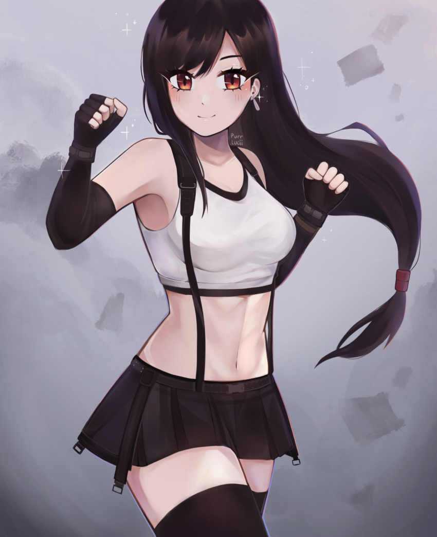 1girl, artist_name, black_hair, black_skirt, black_thighhighs, breasts, brown_eyes, crop_top