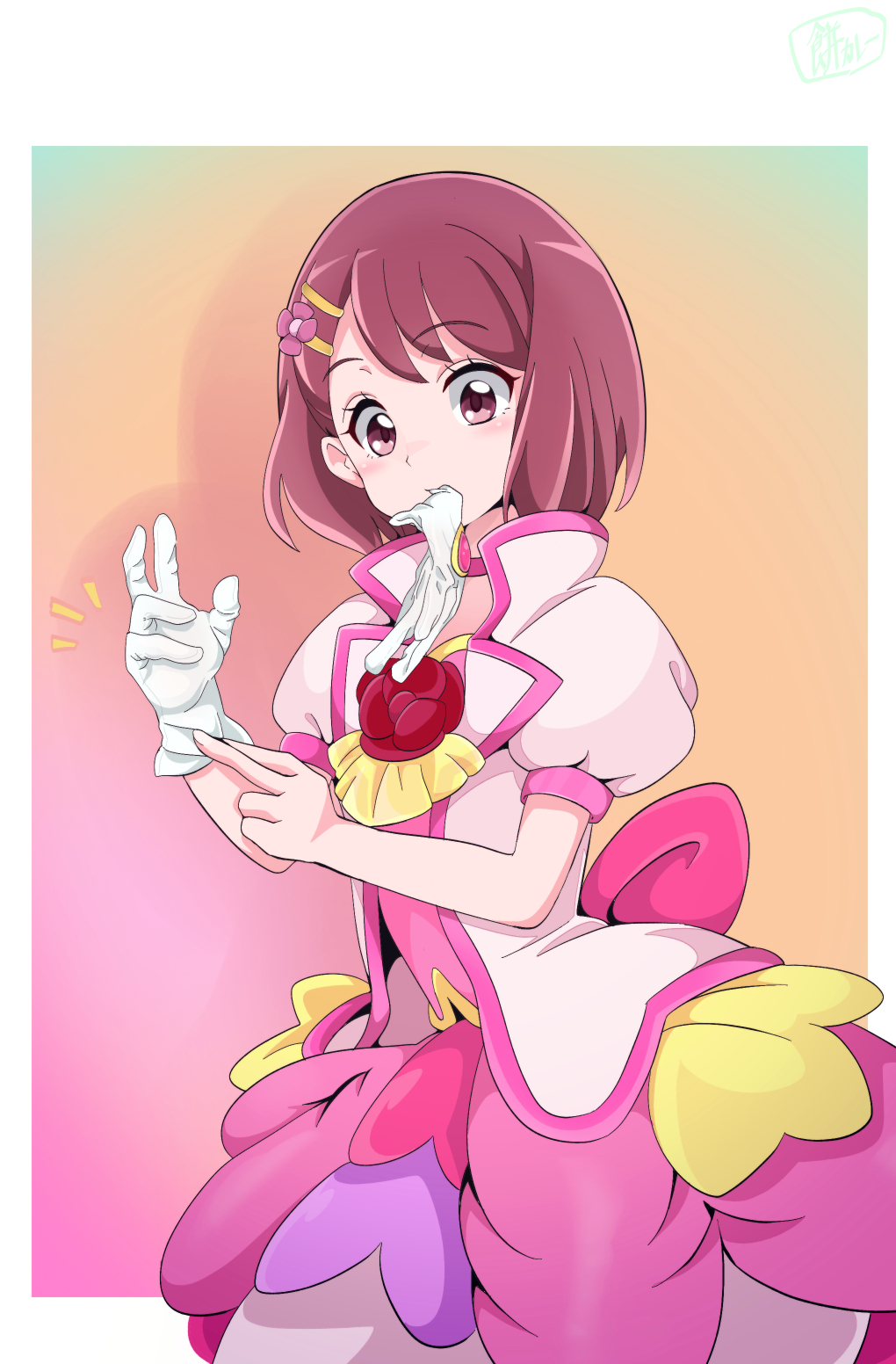1girl, artist_name, ascot, back_bow, bob_cut, bow, brown_eyes, brown_hair