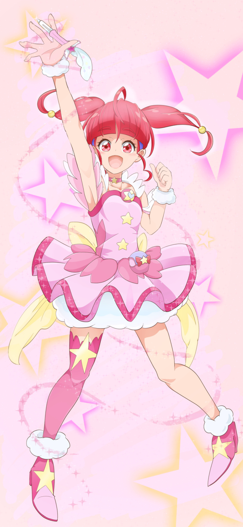 1girl, :d, absurdres, ahoge, arm_up, back_bow, blunt_bangs, bow