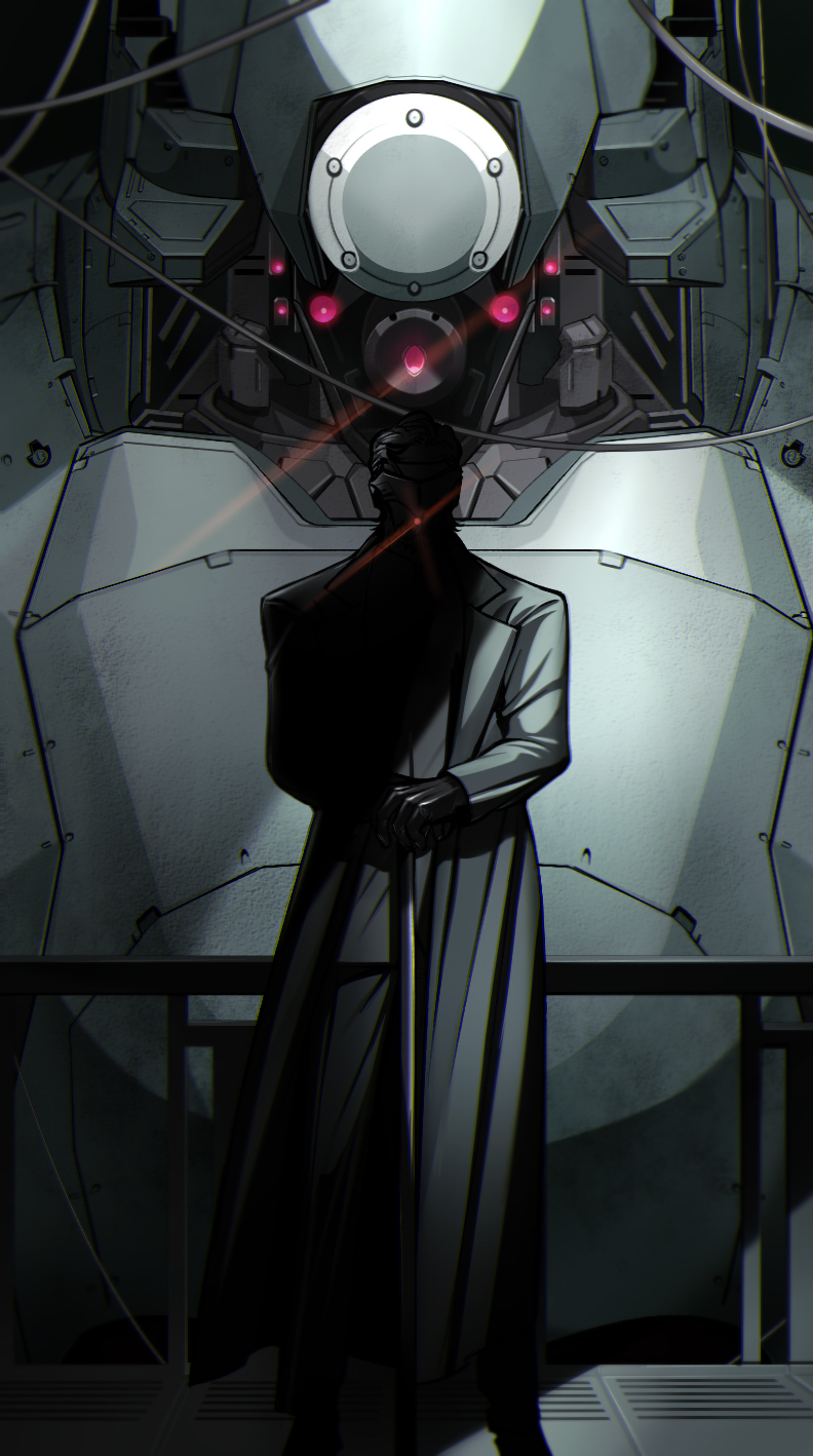 1boy, 1other, armored_core, armored_core_6, black_coat, black_gloves, cable, cane