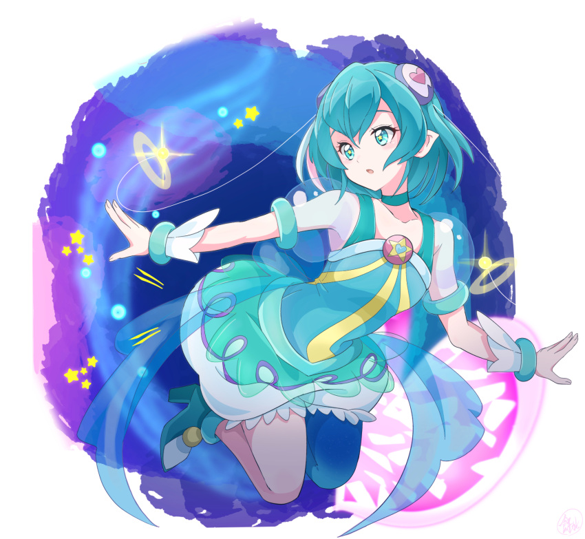 1girl, ankle_boots, aqua_choker, aqua_dress, aqua_eyes, aqua_footwear, aqua_hair, aqua_pantyhose