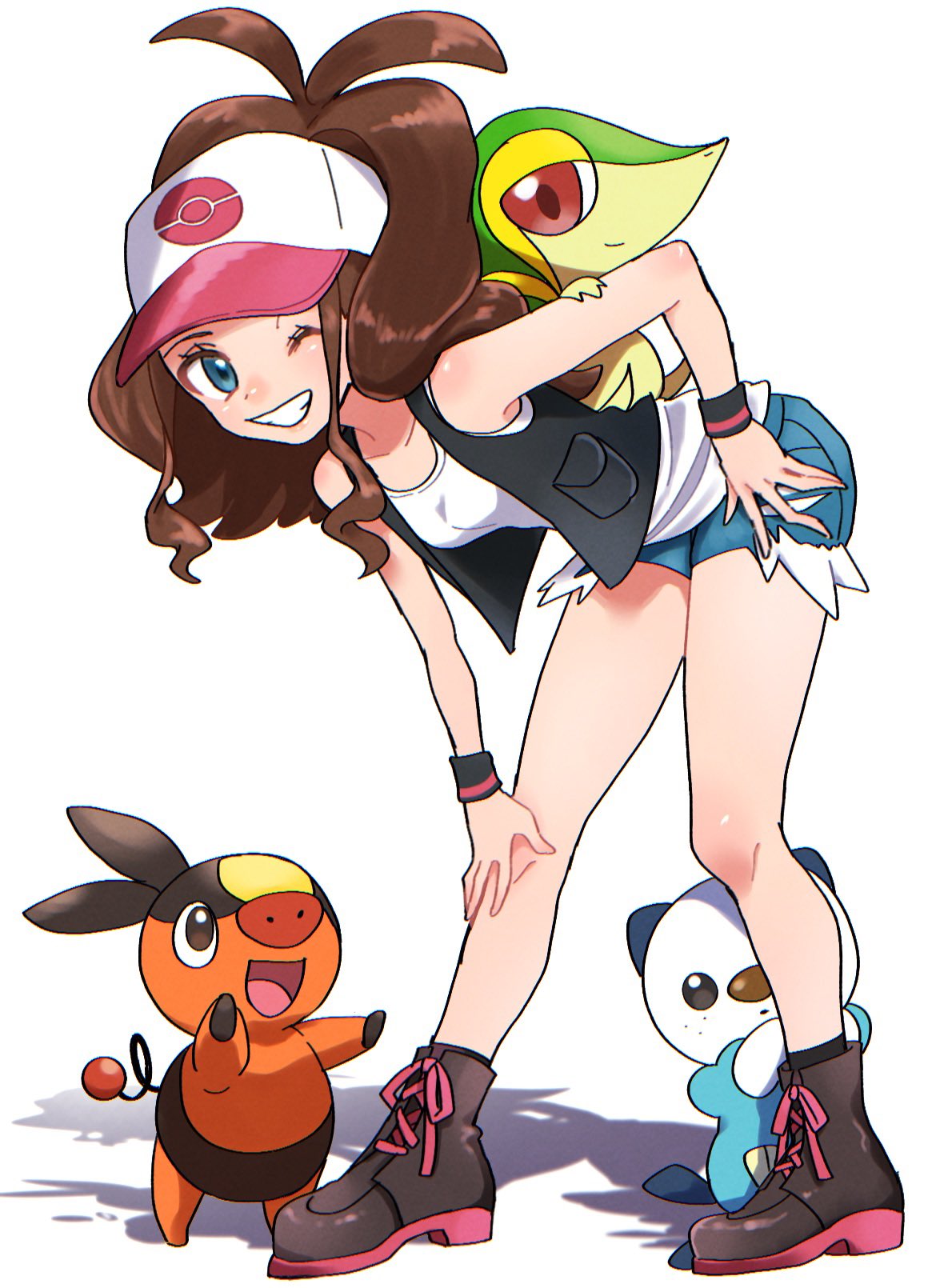 1girl, aria_pkmn, bare_shoulders, bent_over, black_footwear, black_vest, blue_eyes, blue_shorts, brown_hair, full_body, hat, highres, hilda_(pokemon), long_hair, looking_at_viewer, one_eye_closed, open_clothes, open_vest, oshawott, pokemon, pokemon_(creature), pokemon_(game), pokemon_bw, shirt, shorts, sleeveless, sleeveless_shirt, smile, snivy, tepig, vest, white_background, white_headwear, white_shirt, wristband