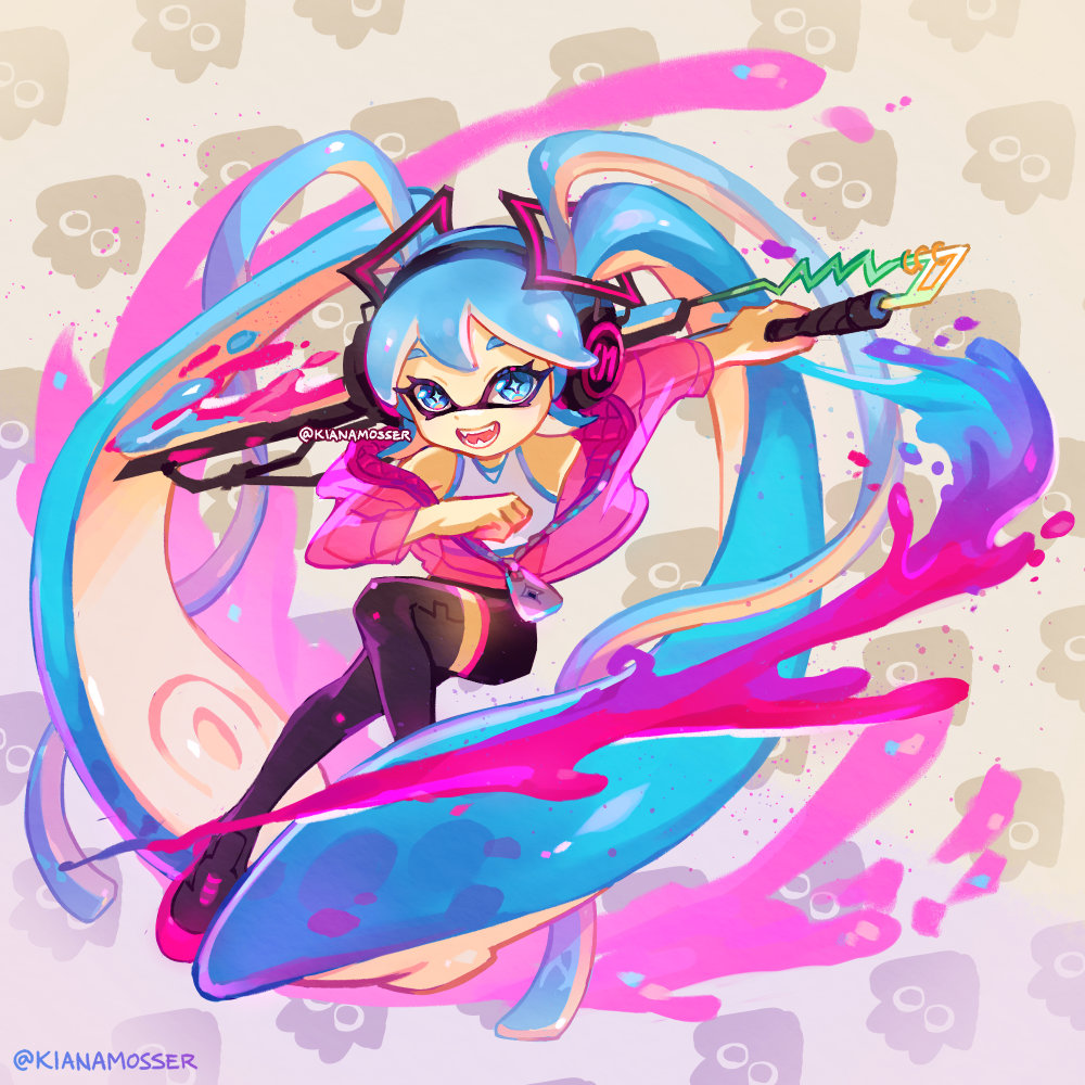 1girl, artist_name, black_thighhighs, blue_eyes, blue_hair, hand_fan, hatsune_miku, holding, holding_sword, holding_weapon, kianamosser, long_hair, open_mouth, patterned_background, pink_footwear, smile, solo, splatana_wiper_(splatoon), splatoon_(series), sword, tentacle_hair, thigh-highs, twintails, very_long_hair, vocaloid, weapon