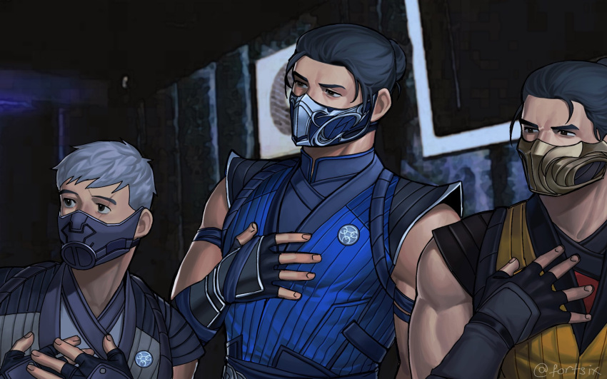 3boys, bi-han, black_gloves, black_hair, brothers, fingerless_gloves, fortsix, gloves