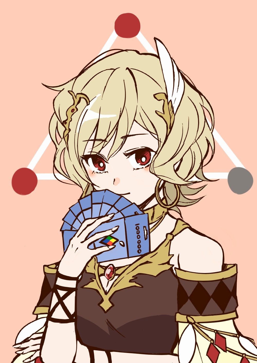 1girl, bare_shoulders, blonde_hair, breasts, card, citrinne_(fire_emblem), earrings, fire_emblem