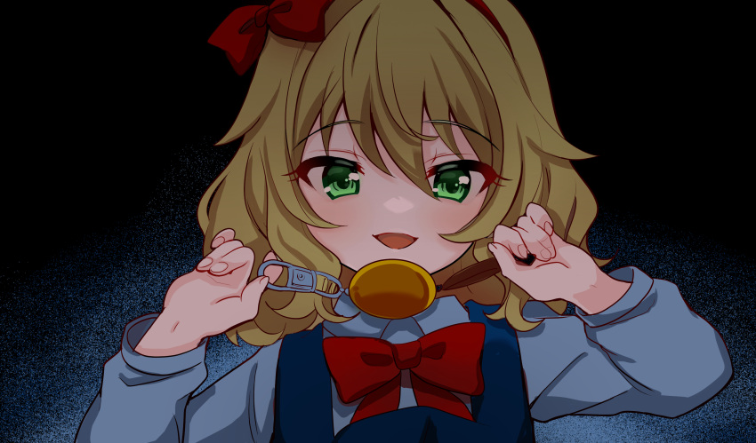 1girl, blonde_hair, blue_dress, bow, bowtie, cosplay, crime_prevention_buzzer, dress