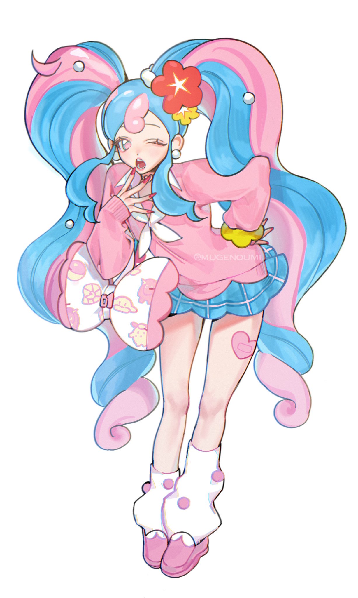 1girl, bull_sprite_(pokemon), cardigan, clefairy_sprite_(pokemon), earrings, fairy_miku_(project_voltage), fish_sprite_(pokemon), flower