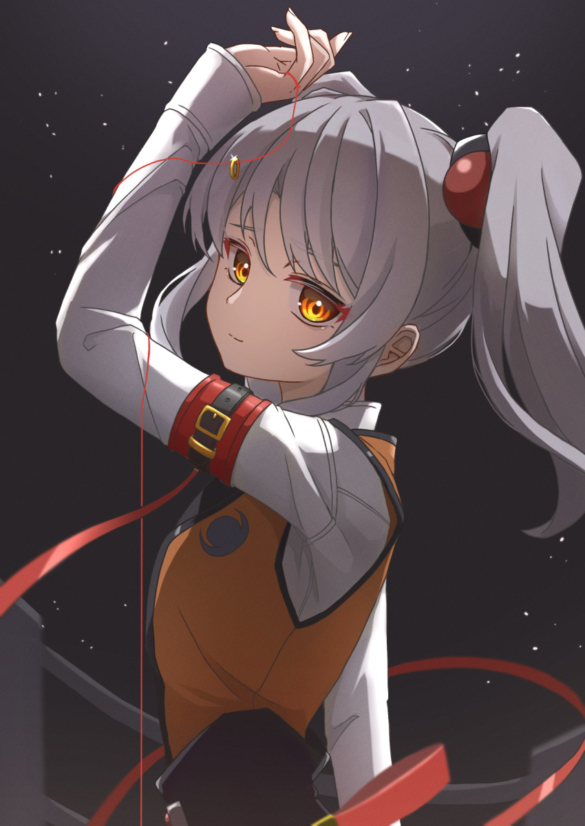 1girl, arm_up, armband, commentary_request, dark_background, grey_hair, hair_bobbles, hair_ornament