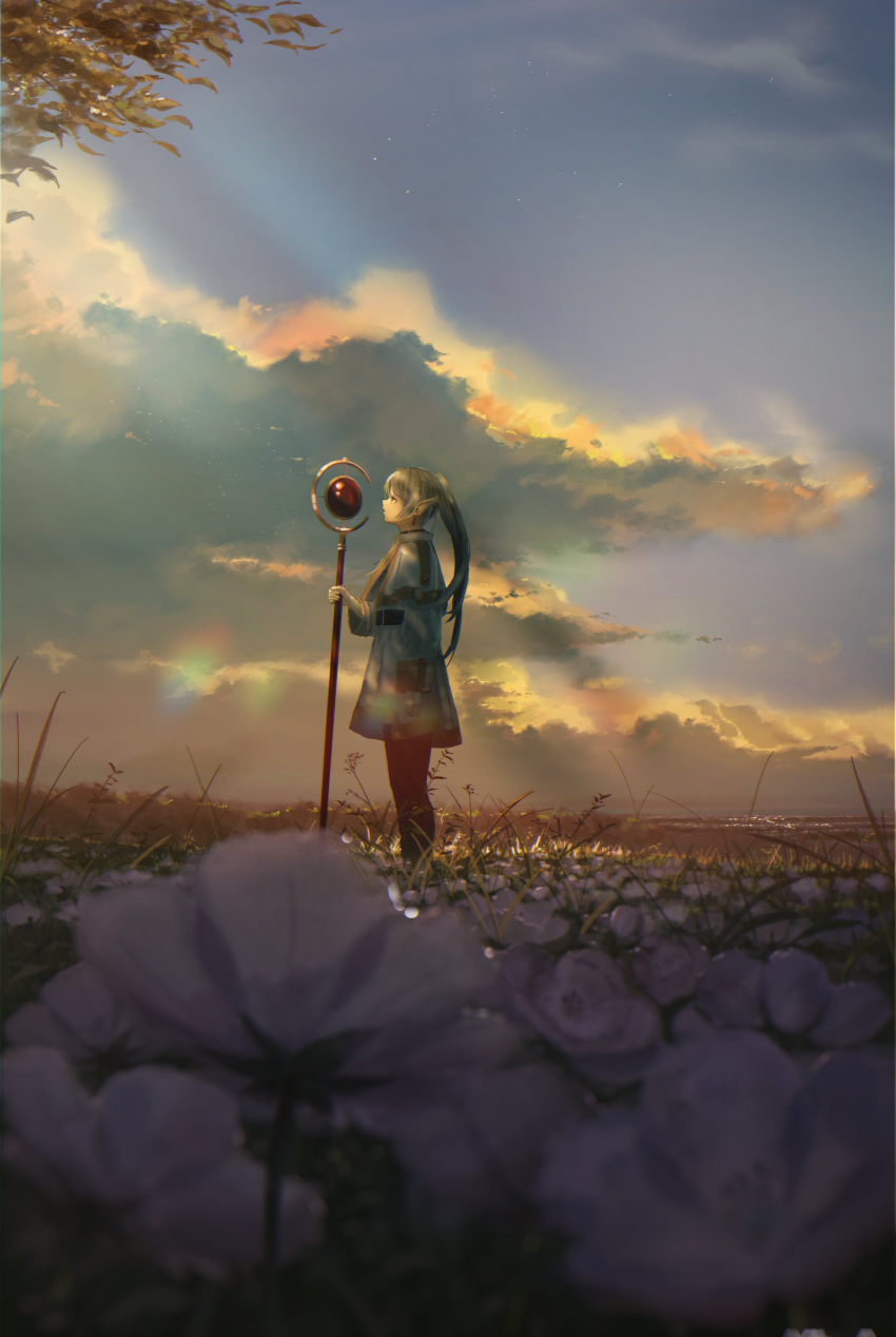 1girl, absurdres, clouds, dwarf, earrings, elf, flower, frieren