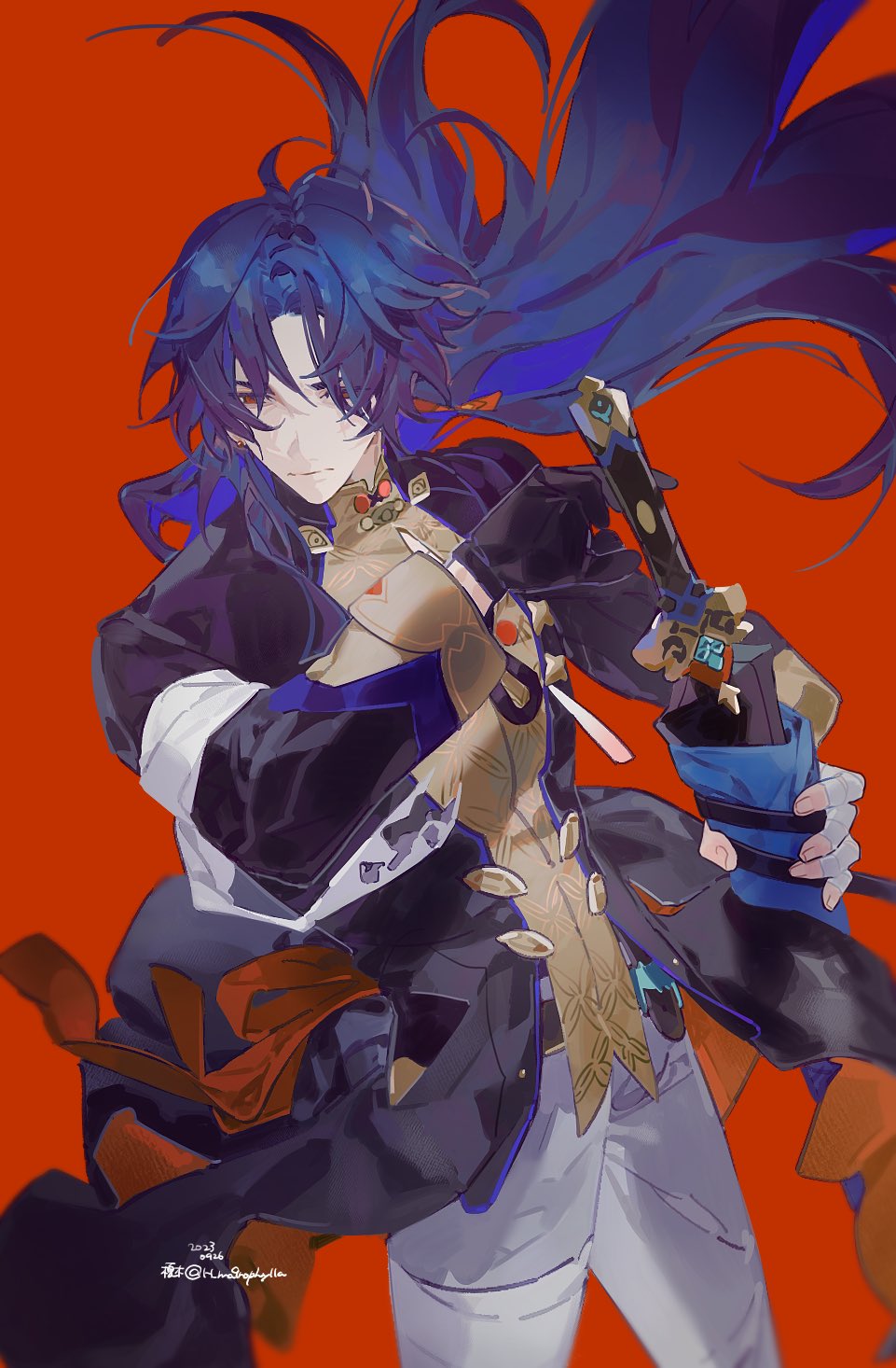 1boy, bandaged_hand, bandages, black_gloves, black_sleeves, blade_(honkai:_star_rail), blue_hair, closed_mouth, gloves, grey_pants, h_ma9rophylla, highres, holding, holding_sword, holding_weapon, honkai:_star_rail, honkai_(series), long_hair, male_focus, pants, parted_bangs, red_background, red_eyes, signature, single_glove, solo, sword, upper_body, weapon